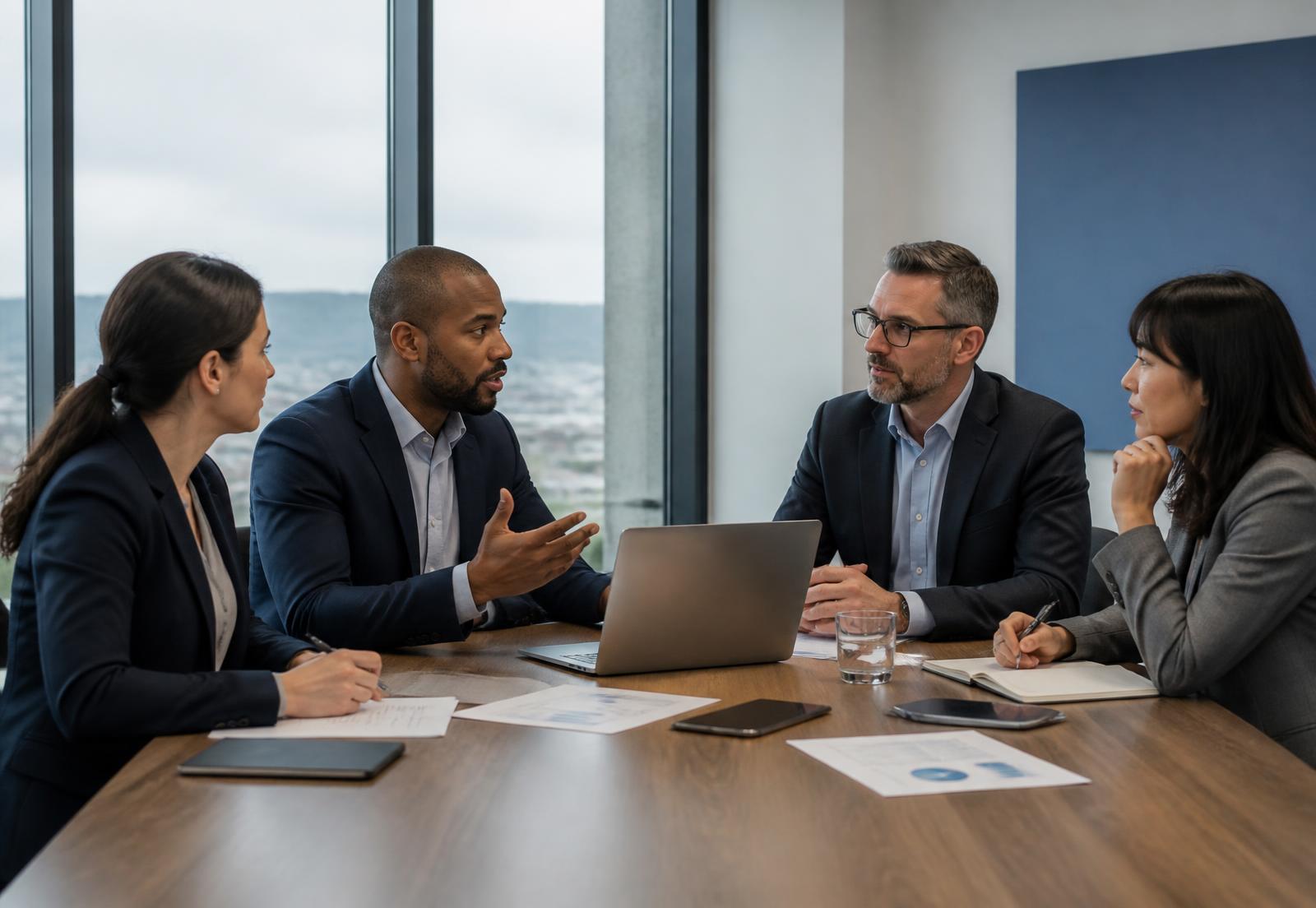 Professionnels en réunion d'affaires discutant de besoins en personnel